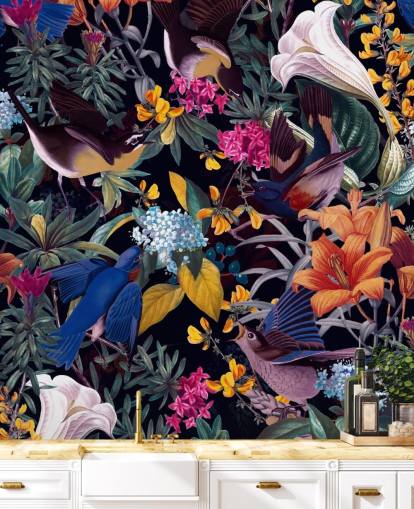 papel pintado de flores y pájaros cantores de