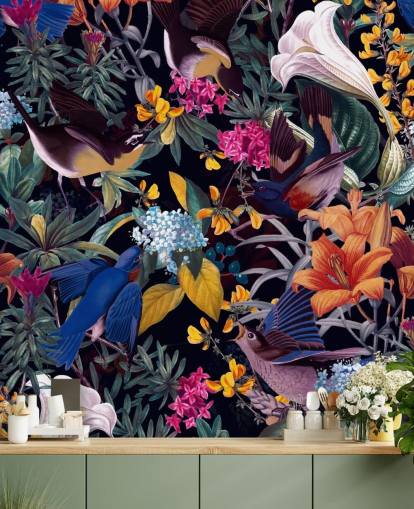 kleurrijke bloemen en zingende vogels behang