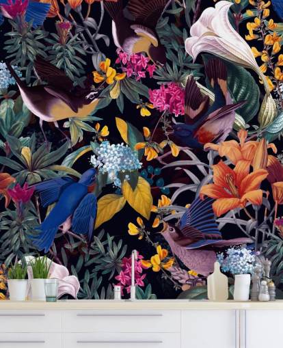 bunte Blumen und singende Vögel Wallpaper bunte Blumen und singende Vögel Wallpaper