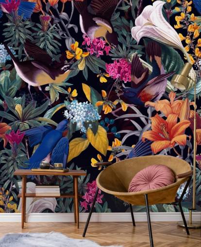 colourful flowers and singing birds wallpaper