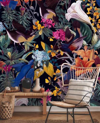 fargerike blomster og sangfugler tapet