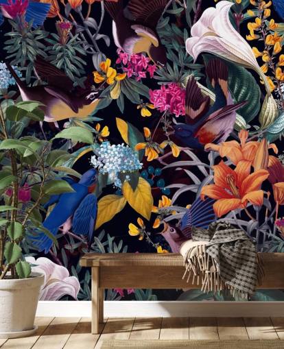 fleurs colorées et oiseaux chanteurs papier peint