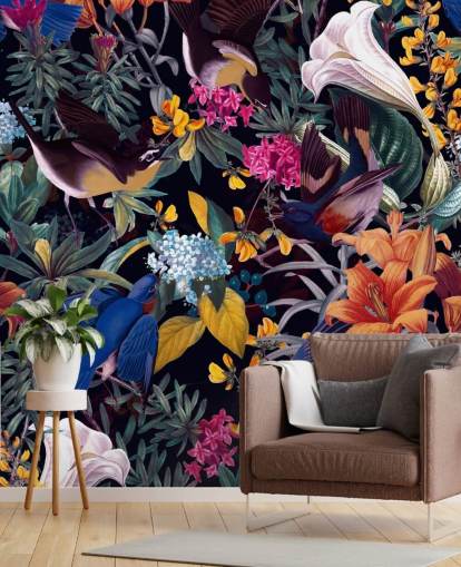 fleurs colorées et oiseaux chanteurs papier peint