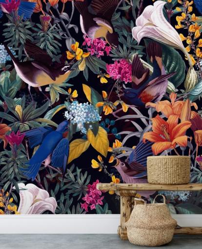 papel pintado de flores y pájaros cantores de