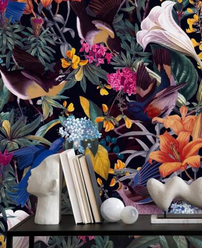 papel pintado de flores y pájaros cantores de