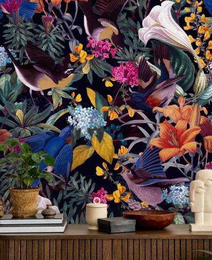 colourful flowers and singing birds wallpaper