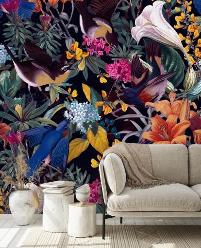 papel pintado de flores y pájaros cantores de