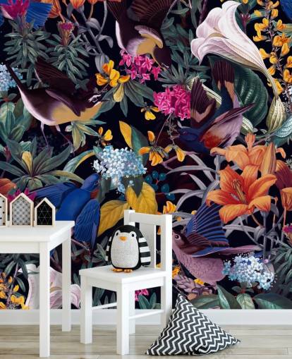 papel pintado de flores y pájaros cantores de