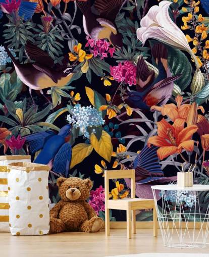 colourful flowers and singing birds wallpaper