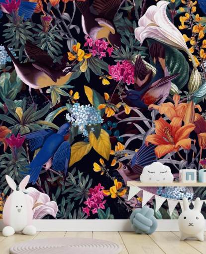 papel pintado de flores y pájaros cantores de