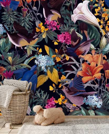 papel pintado de flores y pájaros cantores de