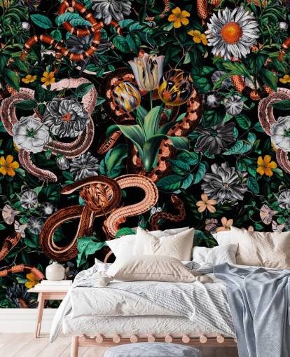 papel pintado floral oscuro y estampado de serpiente papel pintado floral oscuro y estampado de serpiente