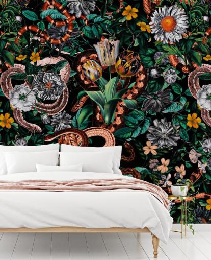 dark floral and snake pattern wallpaper