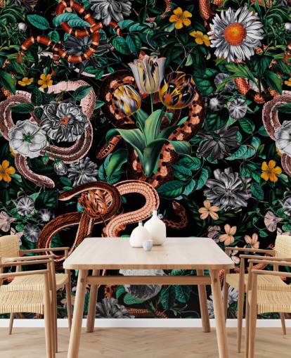 dark floral and snake pattern wallpaper