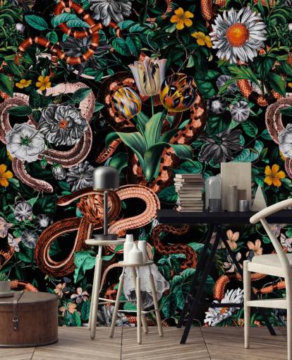 dark floral and snake pattern wallpaper