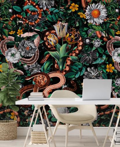 dark floral and snake pattern wallpaper