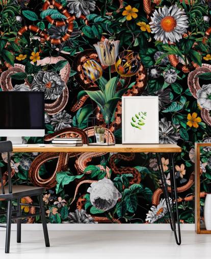 dark floral and snake pattern wallpaper