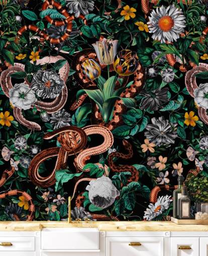 dark floral and snake pattern wallpaper