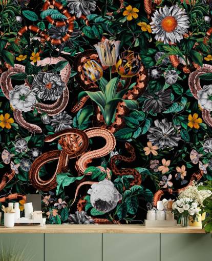 dark floral and snake pattern wallpaper