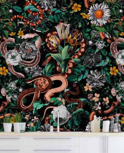 papel de parede floral escuro e padrão de cobra papel de parede floral escuro e padrão de cobra