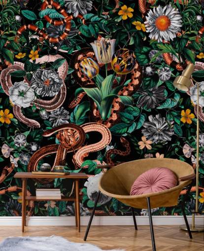 papier peint à motifs floraux et serpents