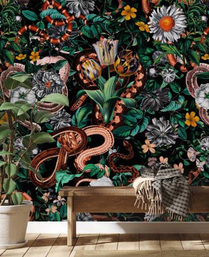 dark floral and snake pattern wallpaper