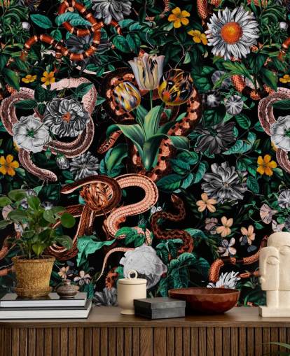 papel de parede floral escuro e padrão de cobra papel de parede floral escuro e padrão de cobra