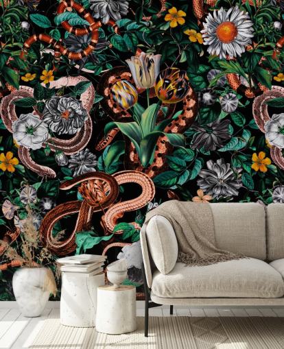 papier peint à motifs floraux et serpents