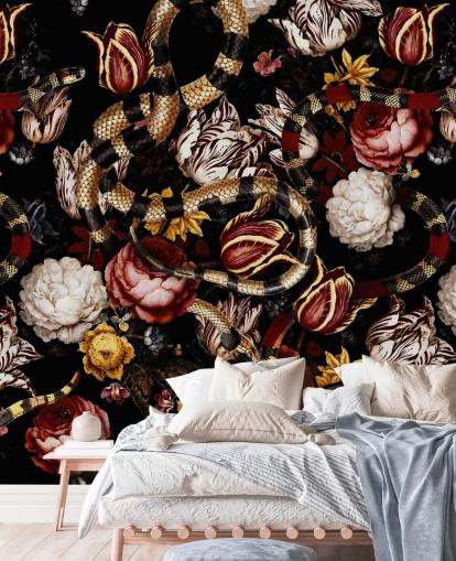dark floral and snake wallpaper