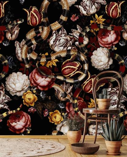 dark floral and snake wallpaper