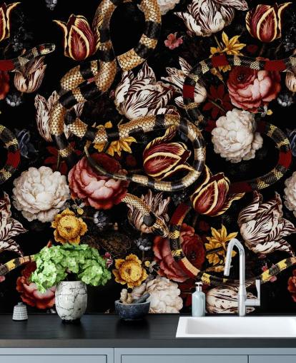 dark floral and snake wallpaper