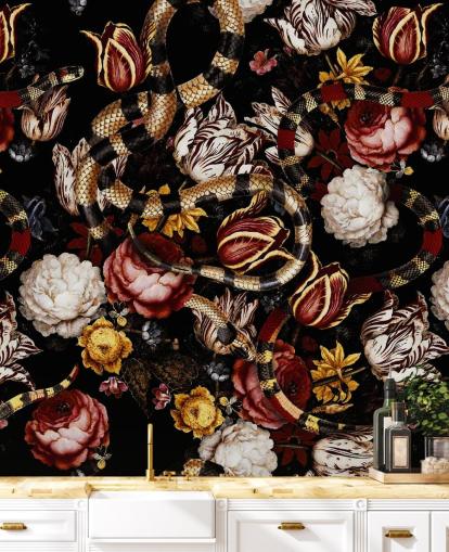 dark floral and snake wallpaper