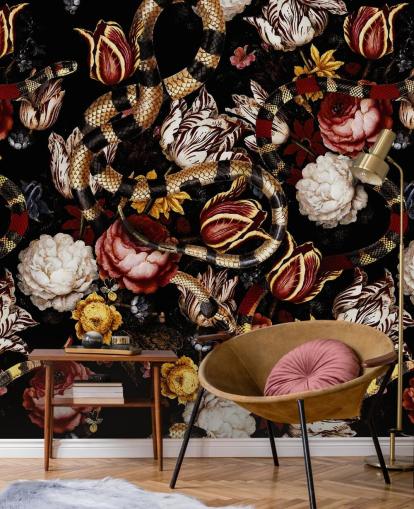 dark floral and snake wallpaper