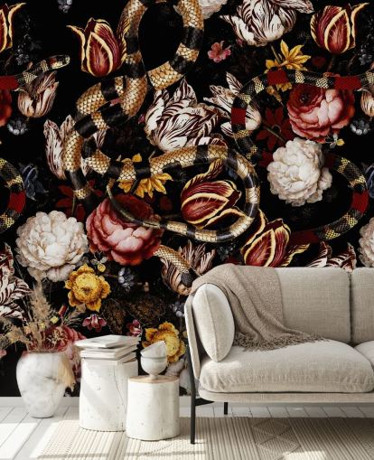 dark floral and snake wallpaper