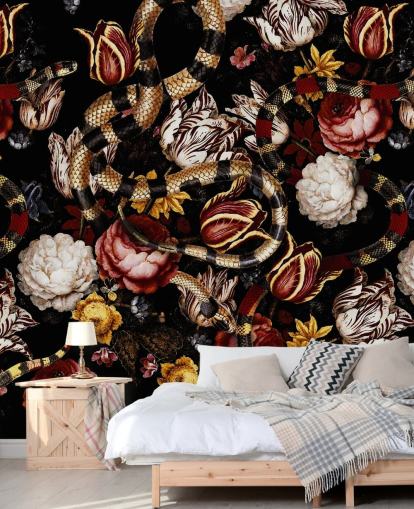 dark floral and snake wallpaper