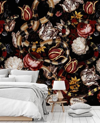 dark floral and snake wallpaper