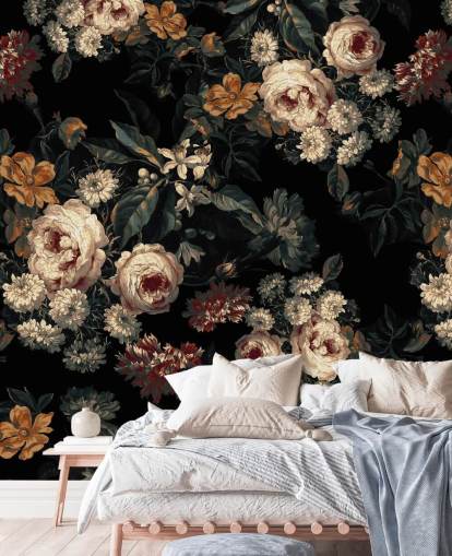 Donker bloemenbehang met rozen en bloemen Donker bloemenbehang met rozen en bloemen