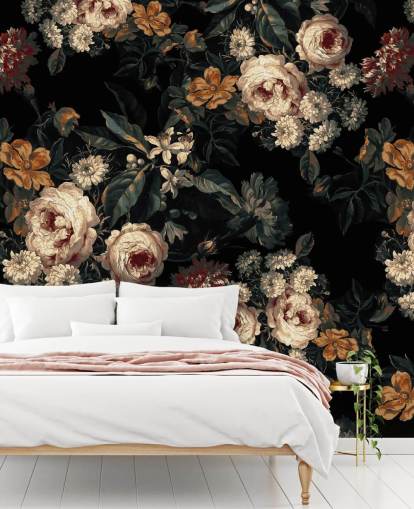 Donker bloemenbehang met rozen en bloemen Donker bloemenbehang met rozen en bloemen