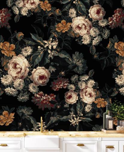 Donker bloemenbehang met rozen en bloemen