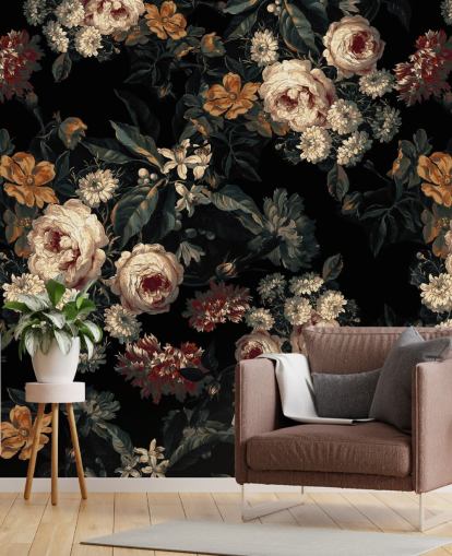 Donker bloemenbehang met rozen en bloemen Donker bloemenbehang met rozen en bloemen