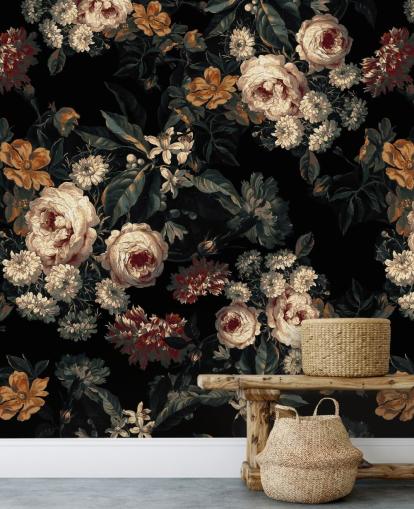 Carta da parati con rose e fiori floreali scuri