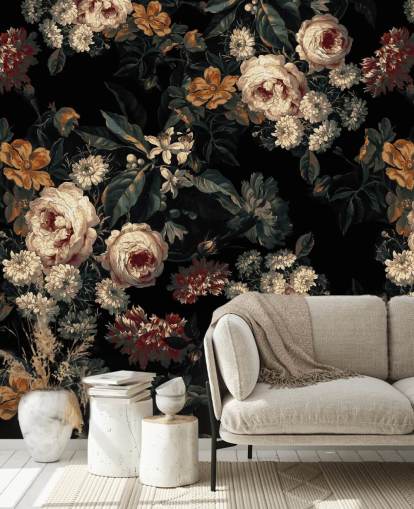 Donker bloemenbehang met rozen en bloemen Donker bloemenbehang met rozen en bloemen