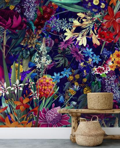 papel pintado floral oscuro y colorido