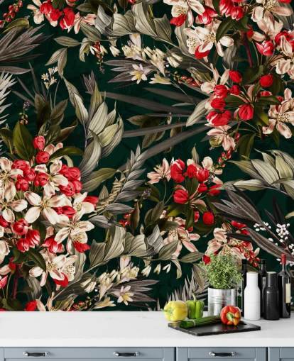 rød og sort blomster tapet