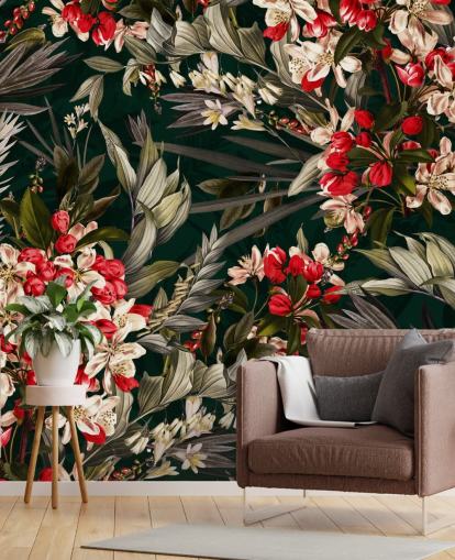 papel pintado floral rojo y negro