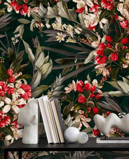 papel de parede floral vermelho e preto