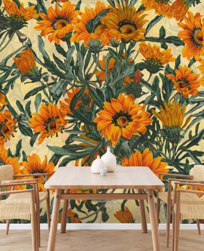 carta da parati arancio con fiori di sole