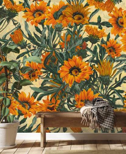 oranje zonnebloemen behang