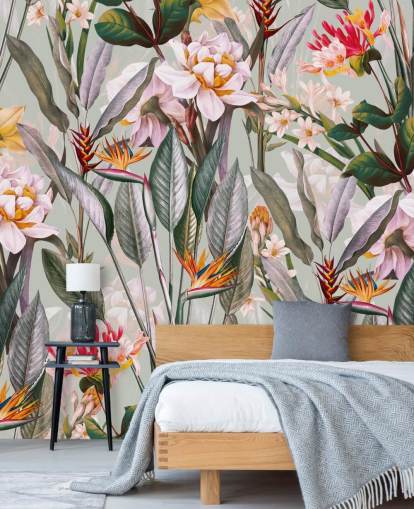 papel de parede de flores tropicais em tons neutros papel de parede de flores tropicais em tons neutros