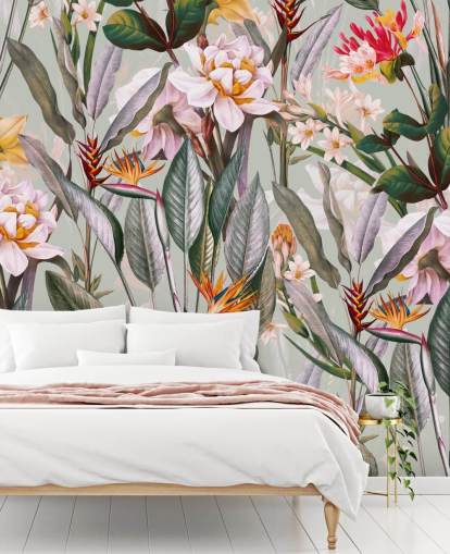 papier peint de fleurs tropicales aux tons neutres